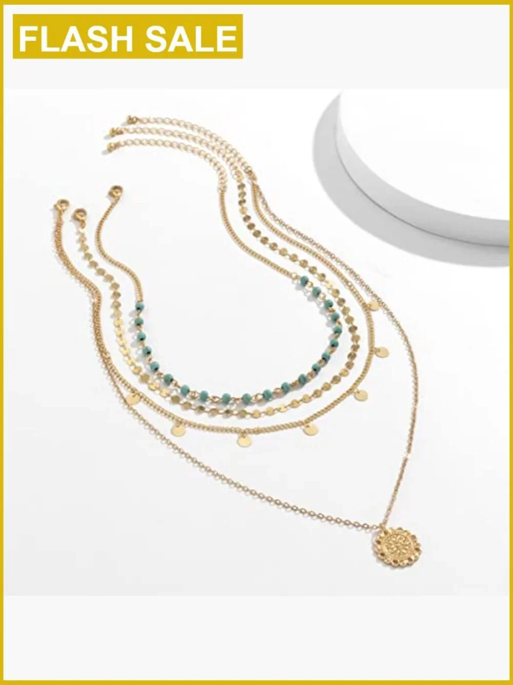 14K Gold Plated Layered Choker Necklace Set with Turquoise Stone Pendants - Picture 3 of 7